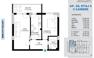 2 Camere Pallady, Dormitor 20mp cu Dressing | Metrou Teclu - Schiță 19