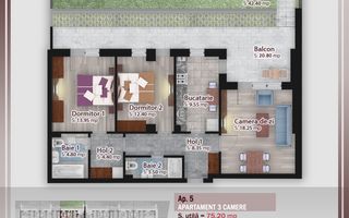 Apartament 3 camere parter, curte și balcon mare - Pallady - Schiță 19