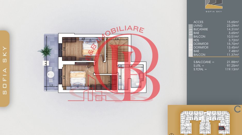 Duplex 3 camere cu 2 balcoane | Bucatarie Inchisa 14mp - Schiță 5