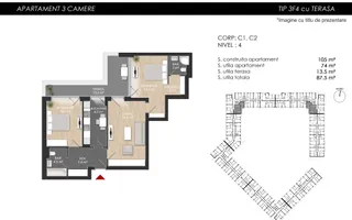 3 camere SU 74 mp + terasa 13.5 mp - Sector 1 - Schiță 14