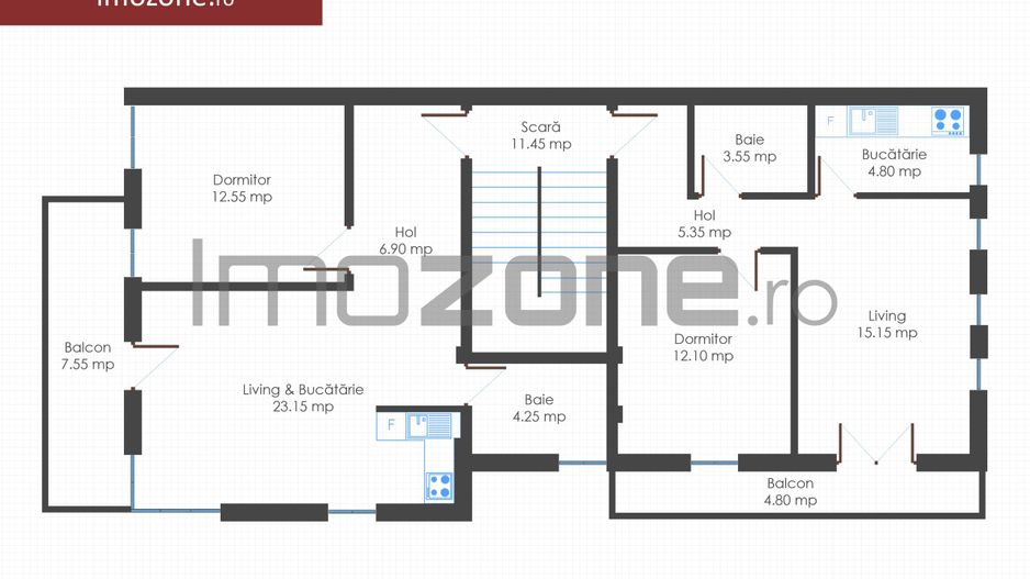Apartament 2 camere, bloc nou, finisat la cheie, centrala termica individuala - Schiță 12