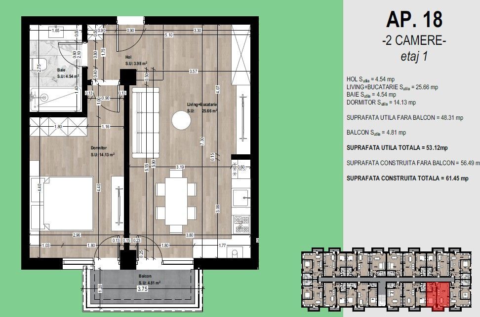 Apartament nou de vânzare Otopeni – 2 camere, balcon, parcare inclusă - Schiță 7