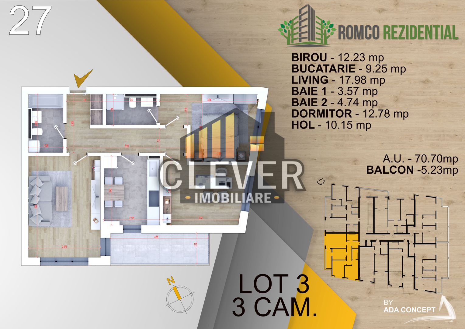 3 camere decomandat, energie proprie - Parcul Teilor - Schiță 15