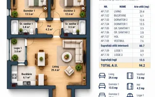 VANZARE APARTAMENT 3 CAMERE | LIZEANU | BLOC NOU | PARCARE | TERASA - Schiță 34