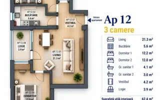 VANZARE APARTAMENT 3 CAMERE | LIZEANU | BLOC NOU | PARCARE | TERASA - Schiță 30