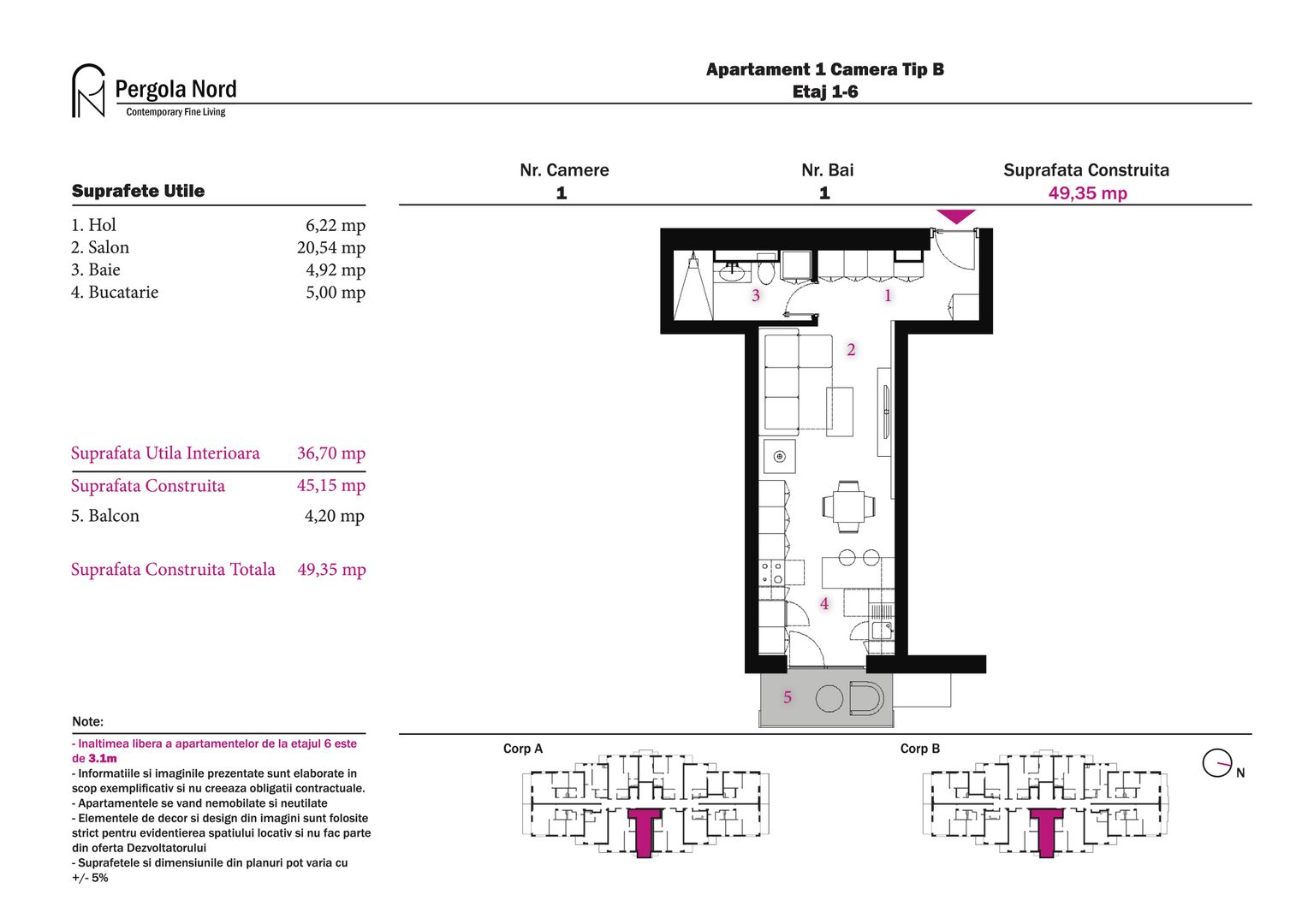 Apartament cu 1 camera Tip B, etaj 1 - 6 - Poză 2