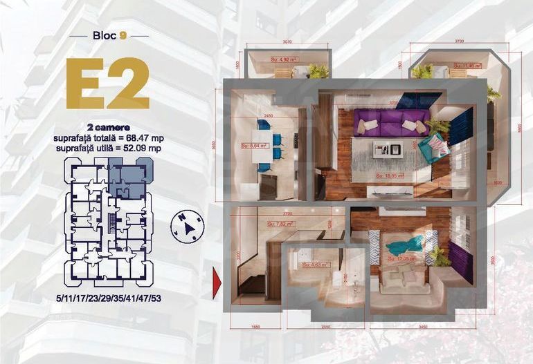 Apartament cu 2 camere, de tip E2 - Royal Town Copou - Poză 1