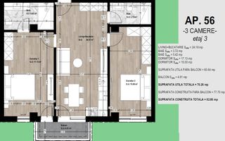 Apartament 3 camere Otopeni - NOU, ultrafinisat, TVA + Parcare incluse - Schiță 7