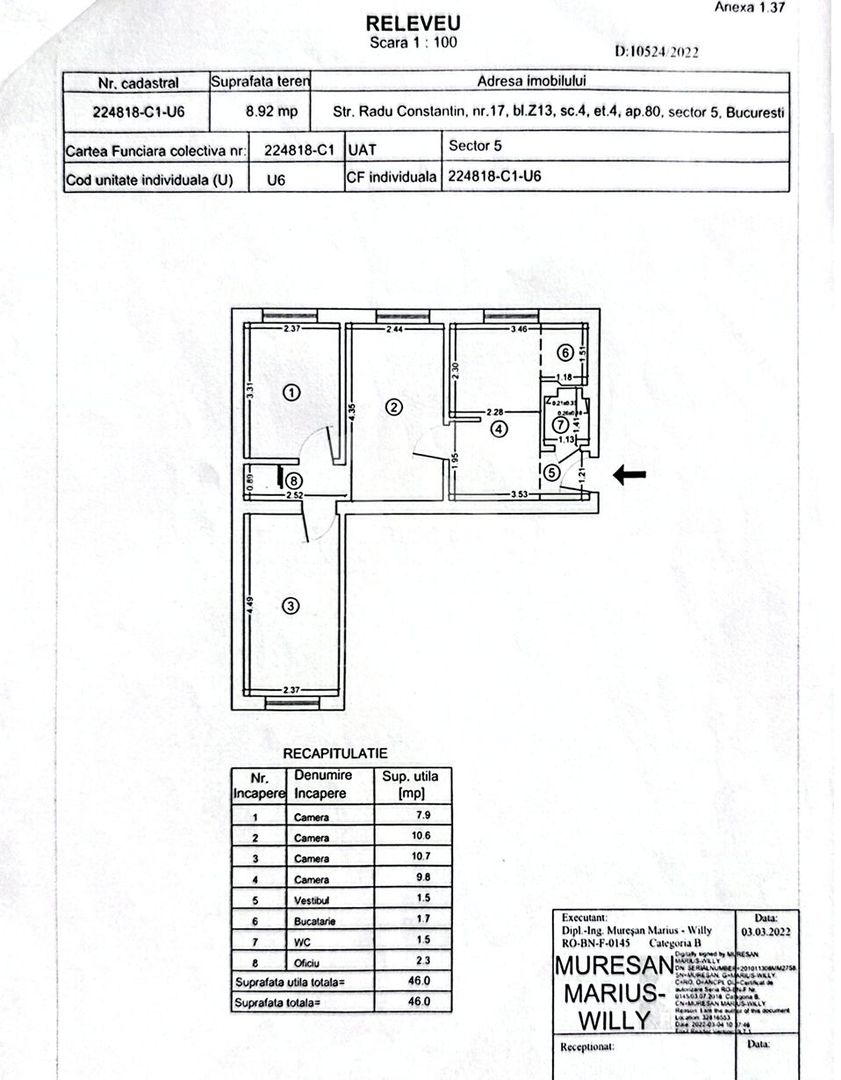 Apartament intim de 3 camere, complet mobilat și utilat + centrala - Schiță 16