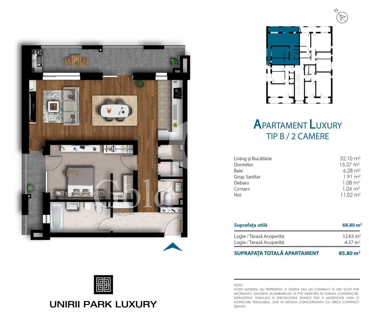 Apartament cu 2 camere, 69 mp utili, bloc nou, cartier Unirii - Schiță 12