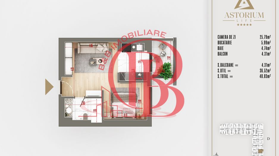 2 camere tip studio proiect premium titan pallady - Schiță 1