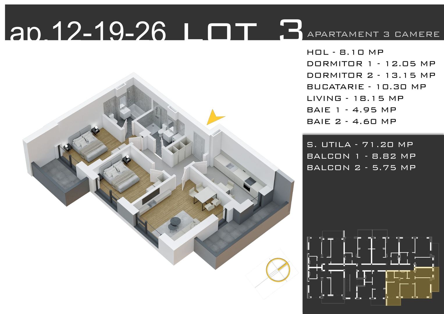 3 camere -parcare inclusa - proiect nou -Pallady - Schiță 1