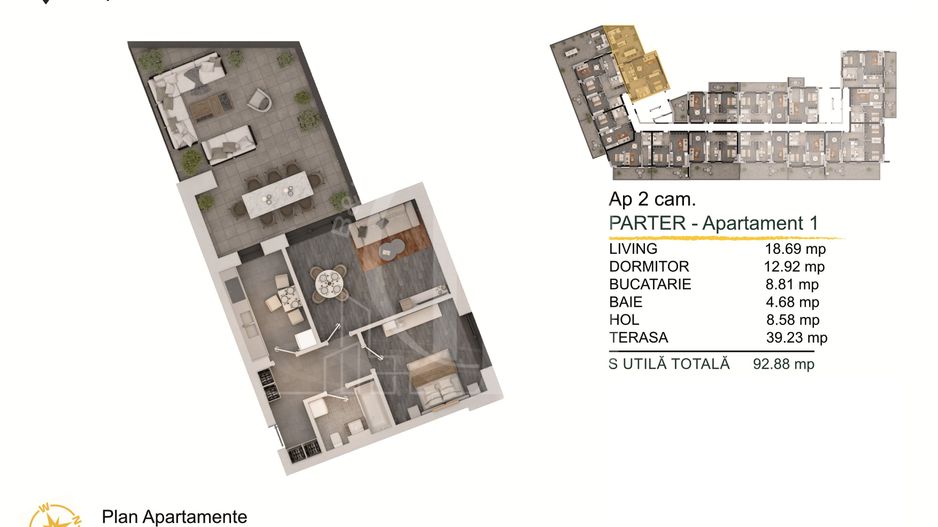 2 camere cu terasa generoasa Titan-Pallady Parcare Gratuita - Schiță 2