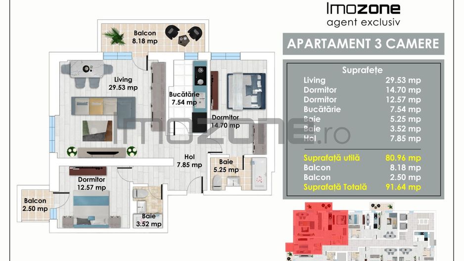 Apartament cu 3 Camere, Bucatarie Inchisa, 2 Bai, Doua Balcoane, langa Metrou - Poză 2