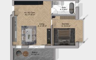 Apartament 2 Camere 47 mp | Bloc Nou | Baie cu Geam | Terra, Floresti - Schiță 2
