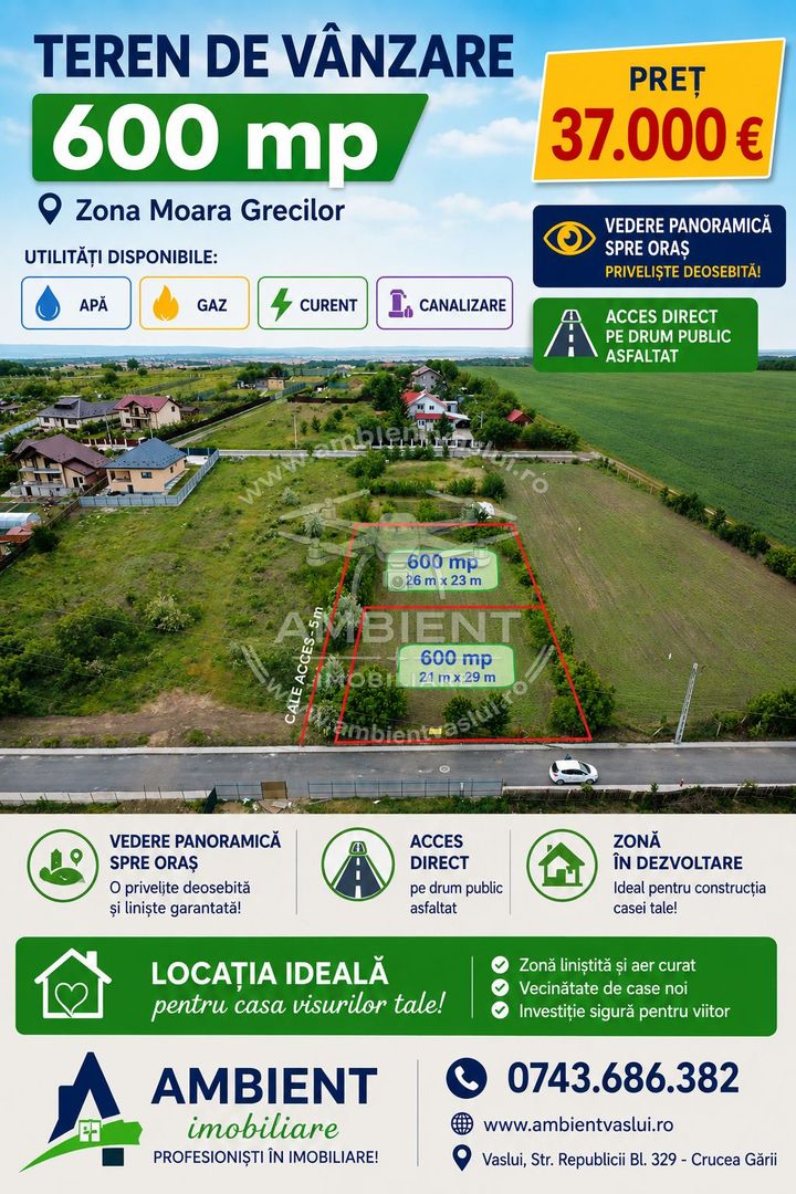 TEREN 600 mp, la drum asfaltat, cu toate utilitățile, VASLUI-zona Moara Grecilor - Poză 1