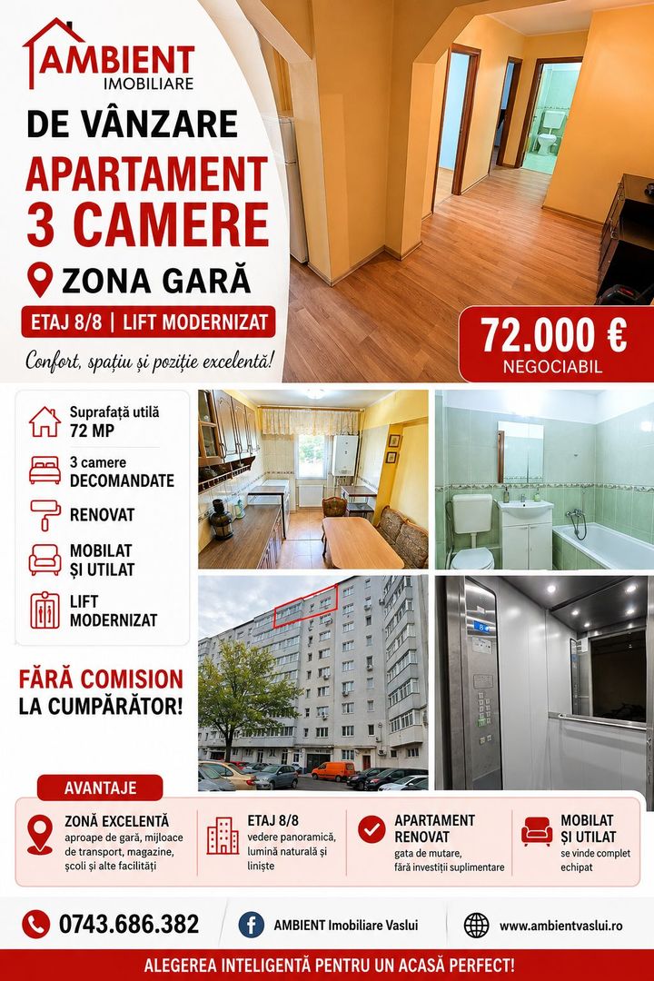 Apartament cu 3 camere, etaj 8, mobilat și utilat, zona GARĂ; - Poză 1