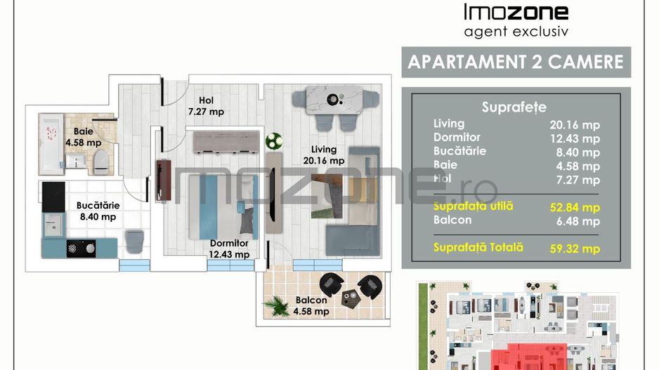 Apartament Spatios cu 2 Camere, 59 mp, Balcon, Bucatarie Inchisa, langa Metrou - Poză 1