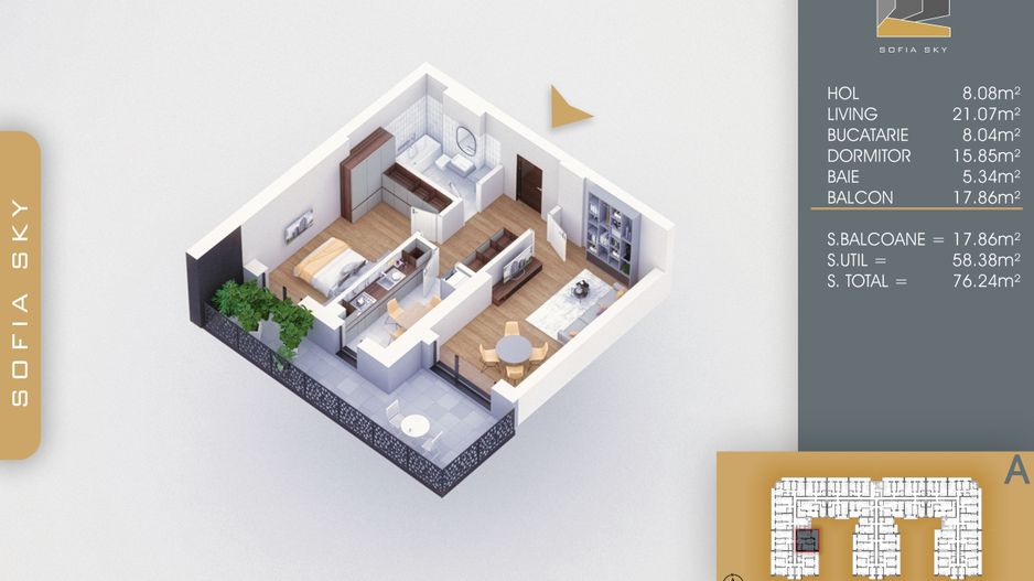 2 camere cu balcon generos 7 min de M Nicolae Teclu - Schiță 1