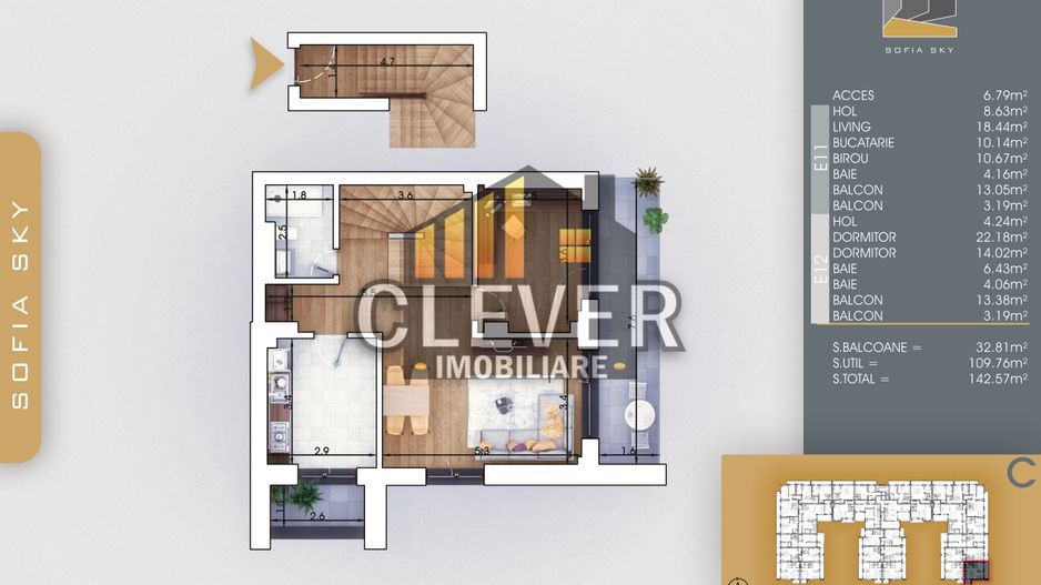 Duplex 4 camere | Terase generoase | Et. 11–12 | Pallady - Schiță 11