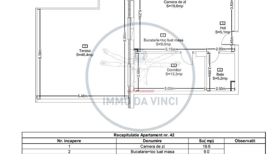 Apartament de vanzare 56mp si terasa 46mp Zona Marasti - Schiță 1