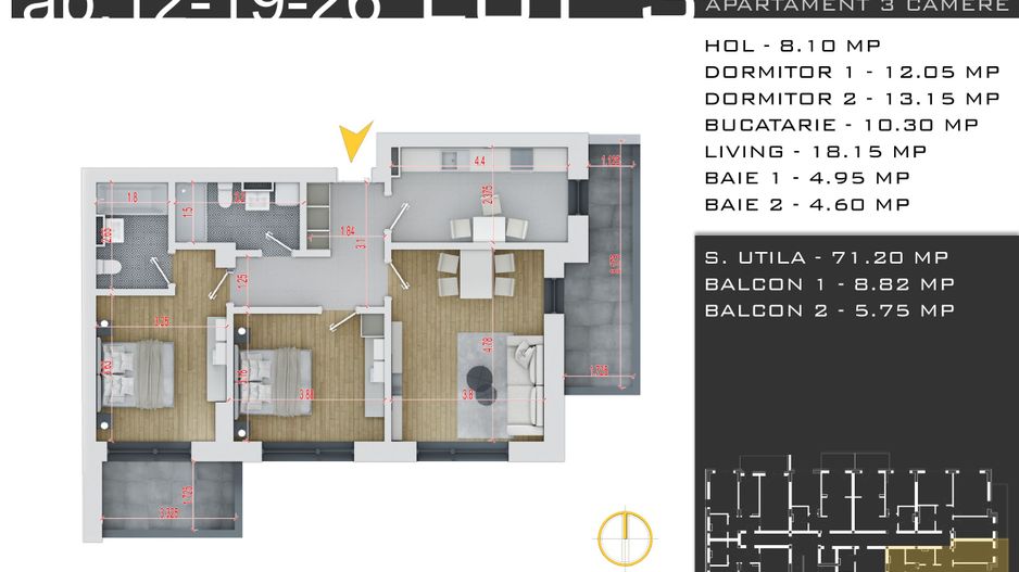 3 camere -parcare inclusa - proiect nou -Pallady - Schiță 2