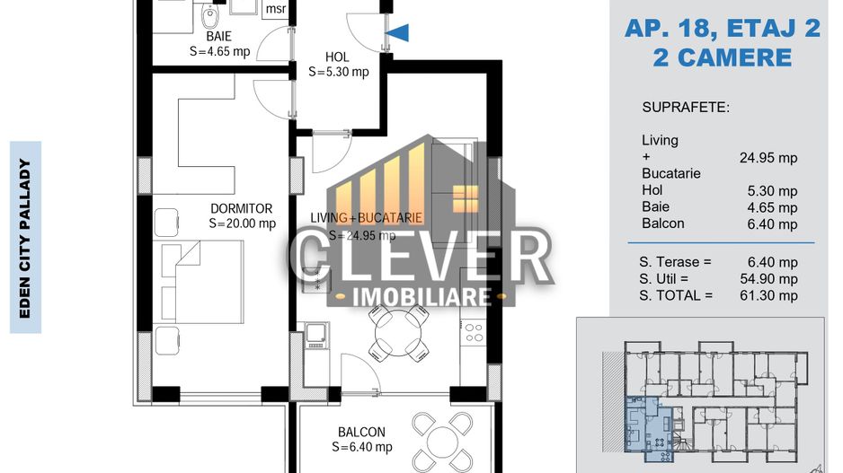 2 Camere Metrou Teclu | dormitor 20 mp | Dressing | Pallady - Schiță 13