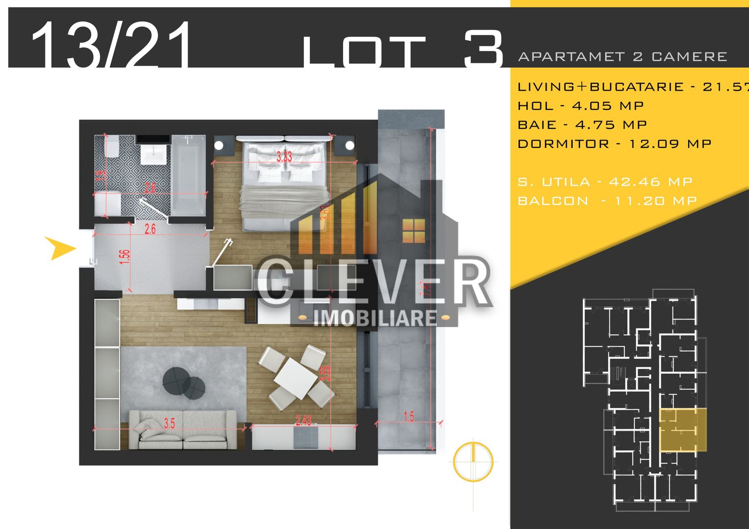 2 camere | 53,66 mp total | Balcon 11 mp | Pallady | Comision 0% - Poză 2