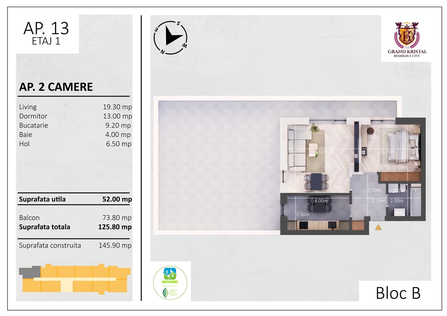 Apartament nou cu terasa 74 mp - 2 camere decomandate, Bd. Metalurgiei - Schiță 5