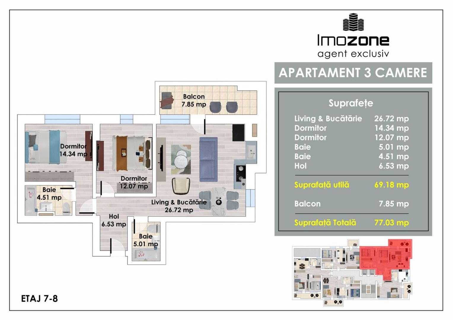 3 Camere | De Vanzare | Bloc Nou | 2 Bai | Living Spatios | 77 mp | Balcon - Poză 19