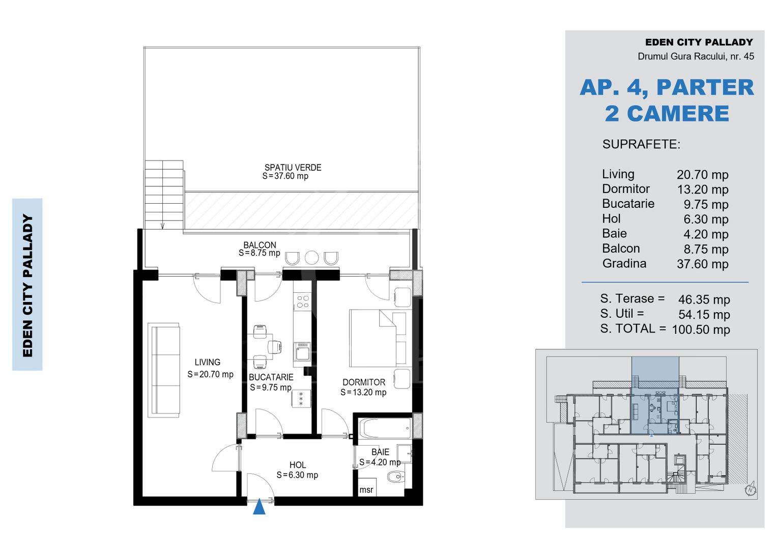 2 Camere cu gradina 37mp-Titan Pallady-Metrou Teclu - Schiță 2