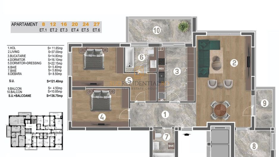 Apartament in bloc nou si modern, 3 camere, Piata Sudului, Sector 4 - Schiță 6