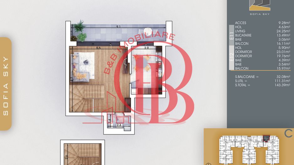 Finalizat-Mutare Rapida la 7min Metrou Duplex 3 camere cu 3 bai - Schiță 2