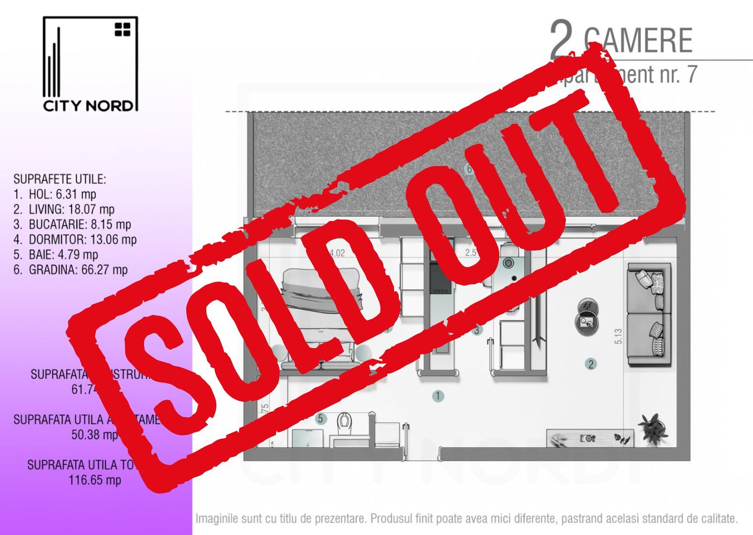 Apartament 7 – 2 camere – 50.4 mp – Grădină – Parter - Poză 1