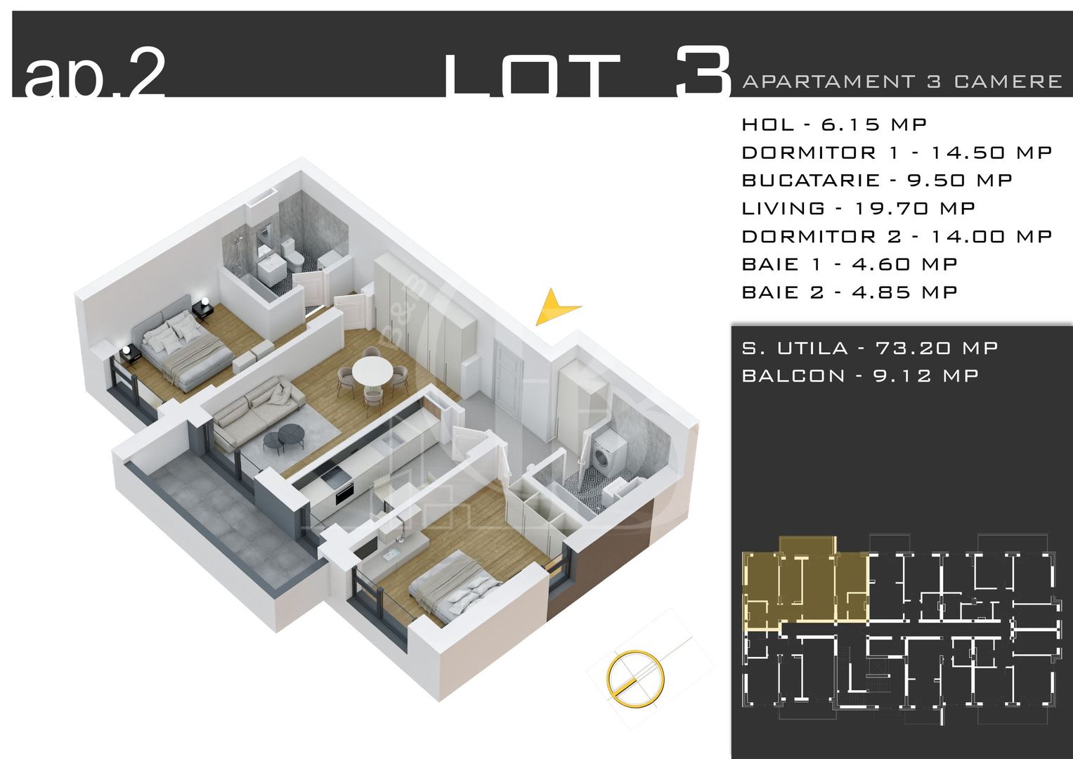 Apartament Decomandat 3 Camere-Theodor Pallady-Comision 0% - Schiță 13