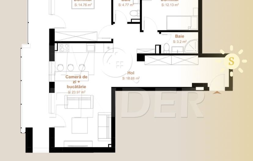 3 camere 78 mp- terasa de 31 mp,  zona VIVO - Poză 3