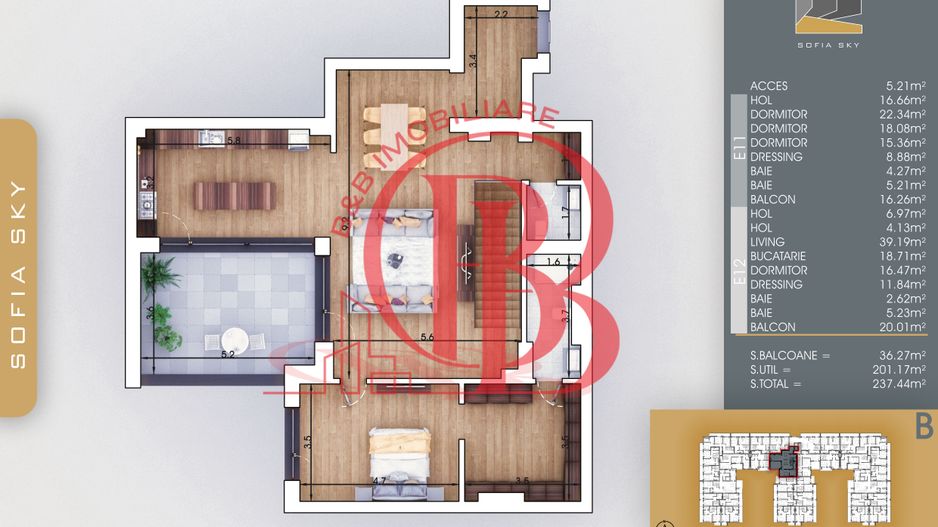 Bloc Finalizat 5 camere cu scara interioara Titan Pallady - Schiță 4
