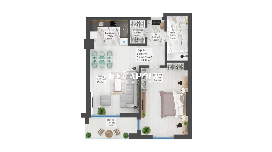 Apartament cu 2 camere | Noua | 64 mp Utili - Poză 6