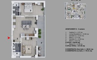 Apartament 3 camere Otopeni premium | prima închiriere - Schiță 12