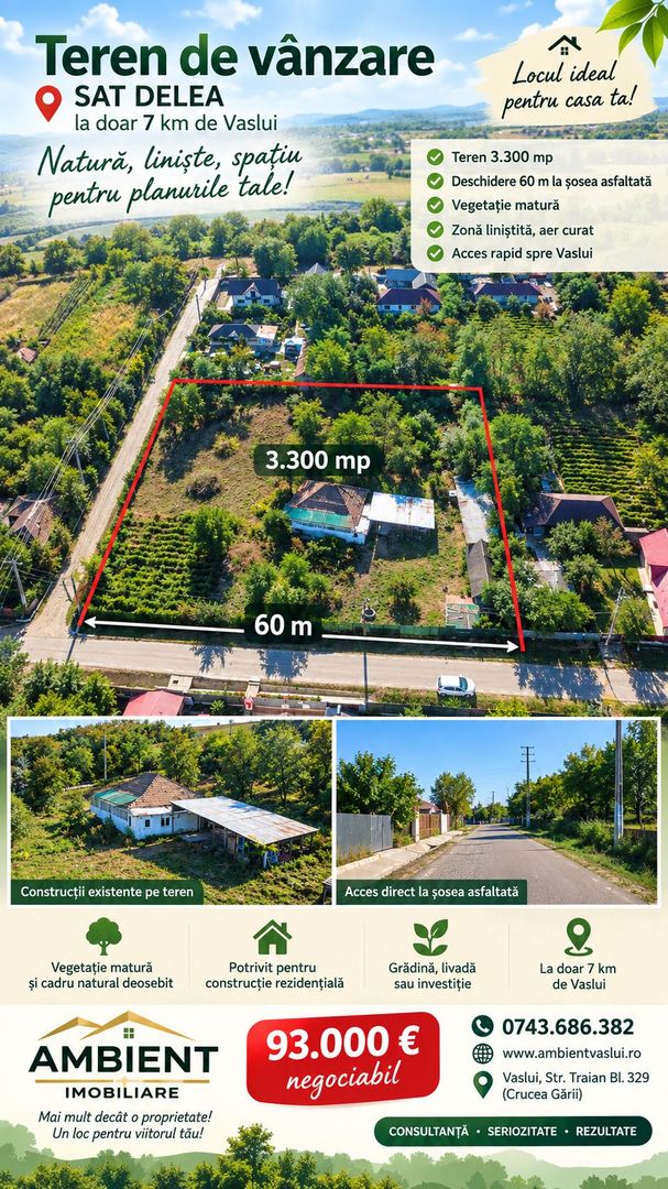 TEREN INTRAVILAN 3.300 mp, deschidere 60 m, sat DELEA - VASLUI; - Poză 1