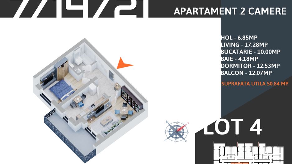 2 camere  decomandat parcare gratuita Metrou Teclu - Schiță 6