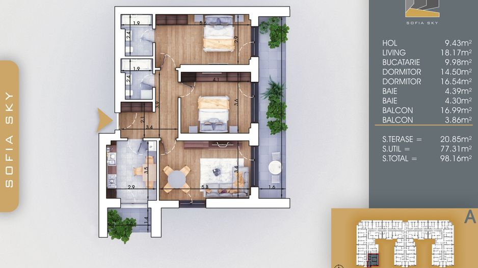 3 camere decomandat  700 metri Metrou Nicolae Teclu - Schiță 7