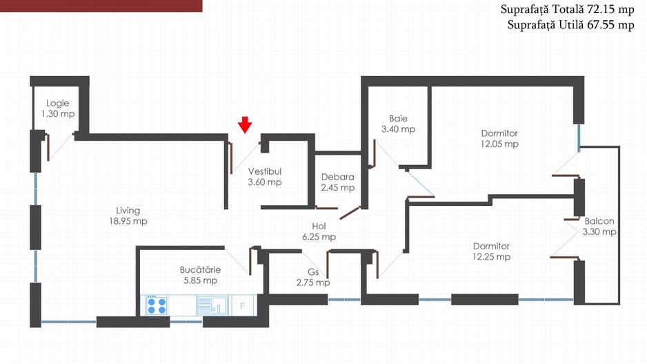 Apartament 3 cam., 2 bai, 2 balc., bloc nou, finisat la cheie, centrala termica - Schiță 16