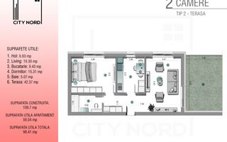 PENTHOUSE 2 camere – 56 mp utili + Terasă 42 mp (Etaj 3/3) - Poză 1