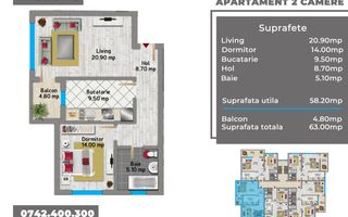 Militari, 950 metrou Pacii, zona de case, 2 camere, 63 mp,  etaj 3, decomandat - Schiță 2