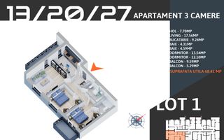 3 camere decomandat cu parcare finalizare rapida Pallady - Schiță 5