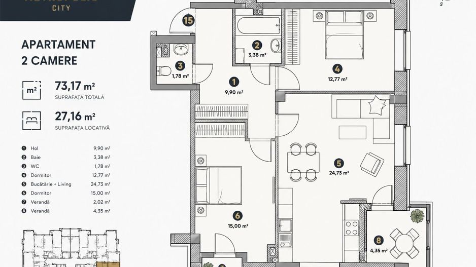 Apartament cu 2 camere | 73,17 m² | METROPOLIS City | Botanica, Chișinău - Schiță 1