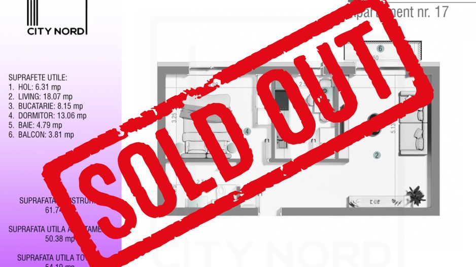 Apartament 17 / 29 – 2 camere – 50.4 mp – Balcon – Etaj 1 / Etaj 2 - Poză 1