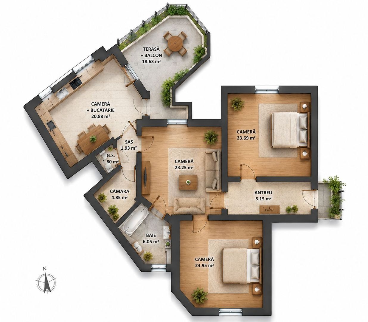 Apartament cu 4 camere si terasa si curte proprie, langa primarie - Poză 6