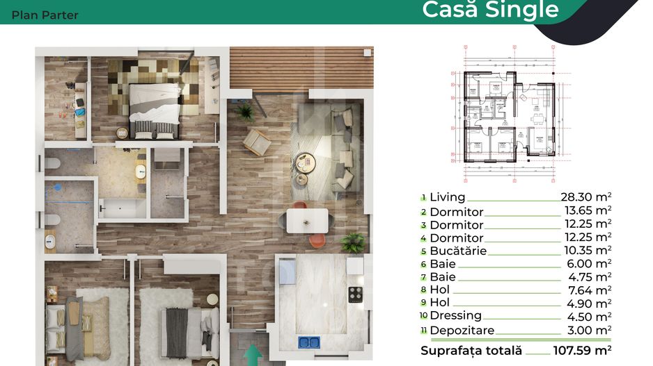 Casă pe un singur nivel INDEPENDENTĂ ENERGETIC - Cartier NOU - Poză 3